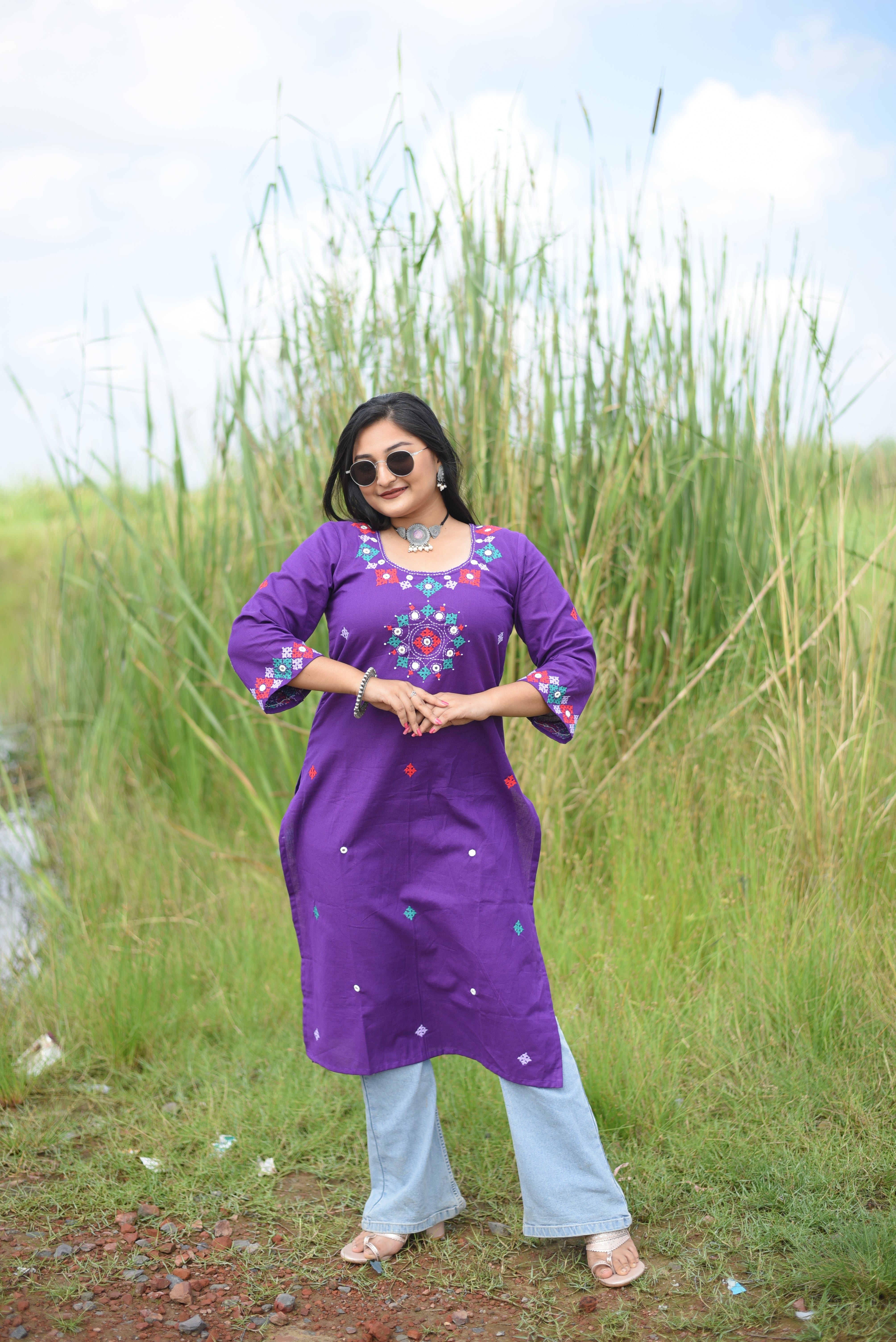 Purple Color Kutch Hand Embroidered Mirror Work Kurta